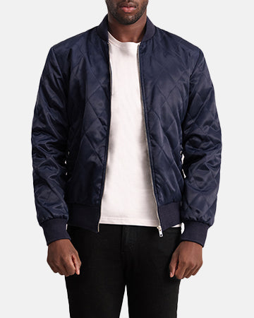 Danson Quilted Blue Varsity Jacket - Lateral Side Profile View Showing Sleeve Cut &amp; Athletic Taper Fit