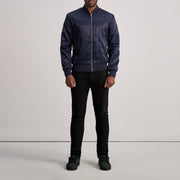 Close-Up Detail of Varsity &amp; Zipper Hardware on Danson Quilted Blue Varsity Jacket