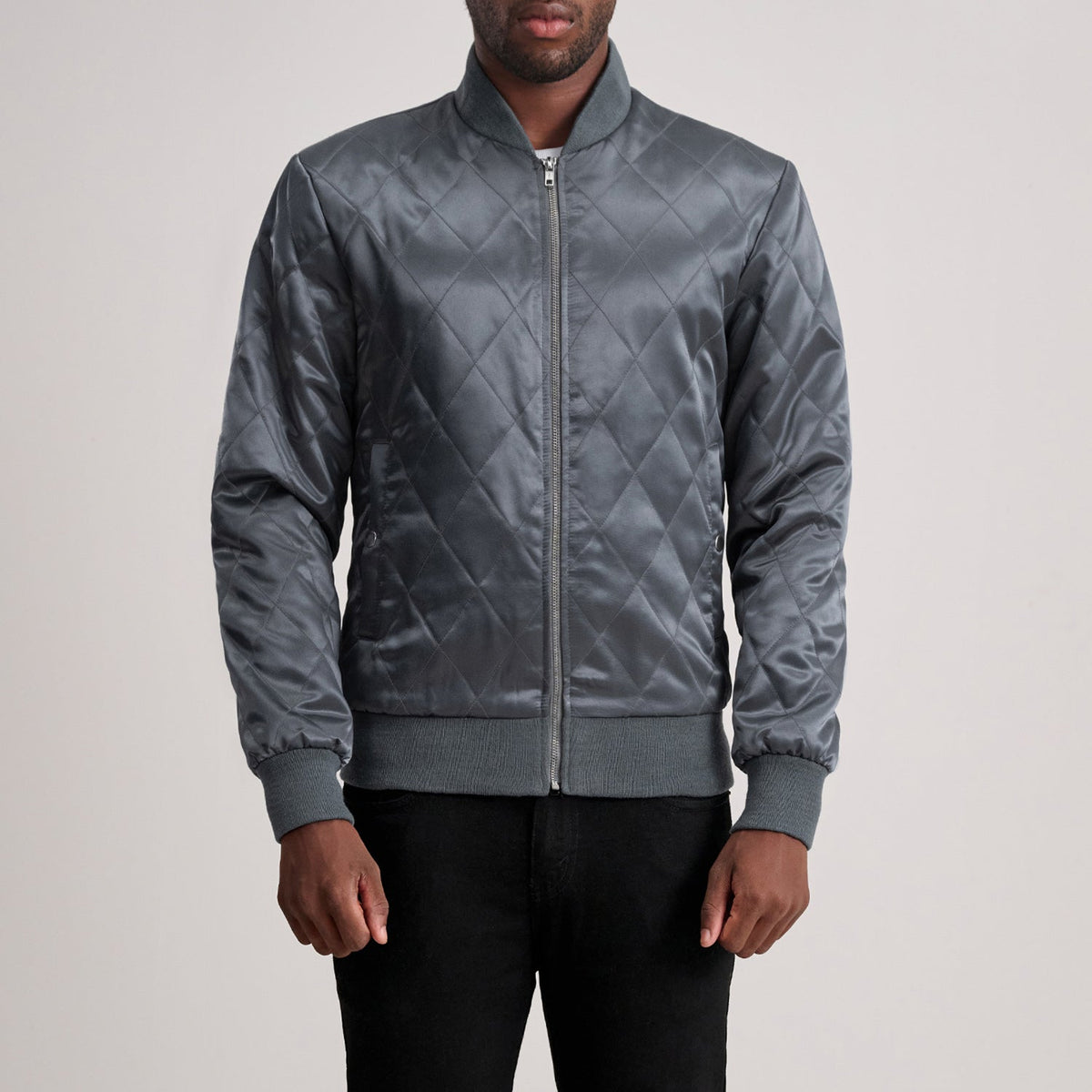 Danson Quilted Grey Varsity Jacket in Grey Satin - Front Profile View &amp; Tailored Silhouette | Buy Online