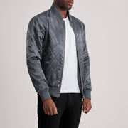 Grey Satin Varsity Jacket - Back View Showing Tailored Shoulder Fit &amp; Clean Hemline