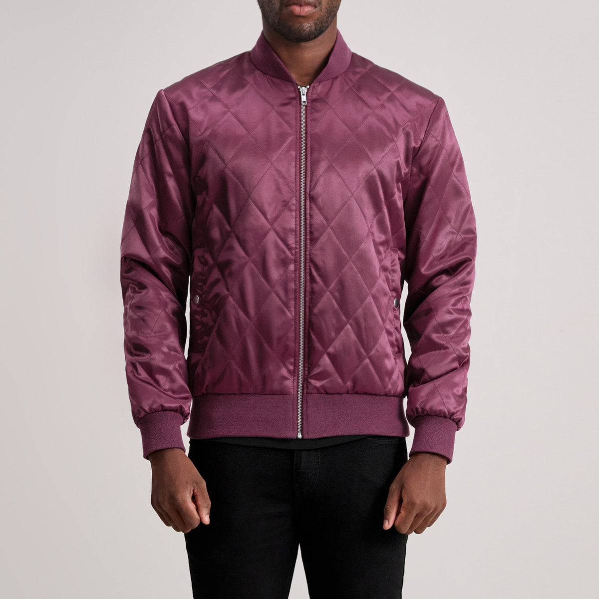 Danson Quilted Maroon Varsity Jacket in Maroon Satin - Front Profile View & Tailored Silhouette | Buy Online