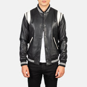 Men's Dantee Black Leather Varsity Jacket in Black &amp; White Sheepskin Leather - Front Profile View &amp; Tailored Silhouette | Buy Online
