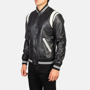 Black &amp; White Sheepskin Leather Varsity Jacket - Back View Showing Tailored Shoulder Fit &amp; Clean Hemline