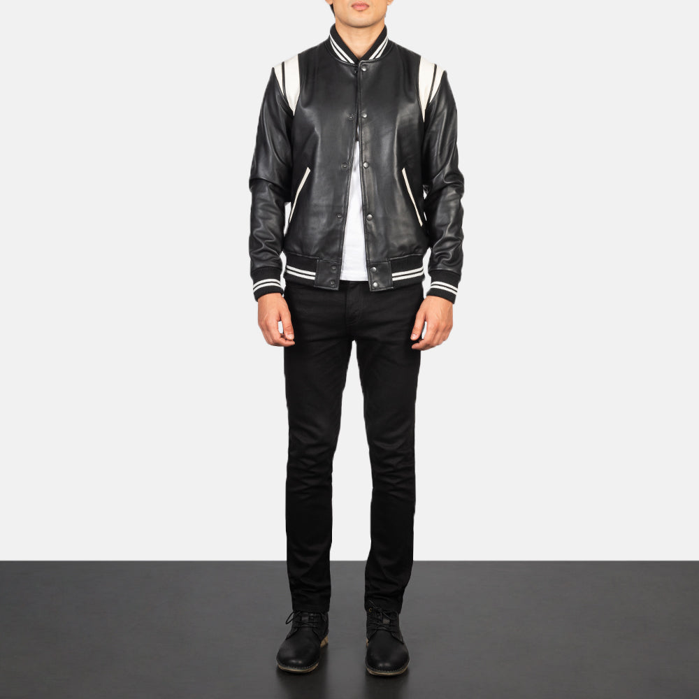 Men's Dantee Black Leather Varsity Jacket - Lateral Side Profile View Showing Sleeve Cut &amp; Athletic Taper Fit