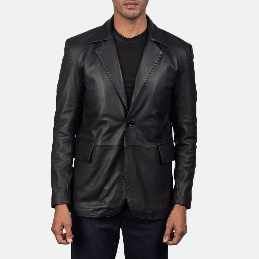 Men's Daron Black Leather Blazer in Black Sheepskin Leather - Front Profile View &amp; Tailored Silhouette | Buy Online