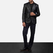 Men's Daron Black Leather Blazer - Lateral Side Profile View Showing Sleeve Cut &amp; Athletic Taper Fit