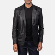 Close-Up Detail of Notch &amp; Button Hardware on Men's Daron Black Leather Blazer