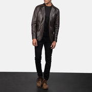 Daron Brown Leather Blazer - Lateral Side Profile View Showing Sleeve Cut &amp; Athletic Taper Fit