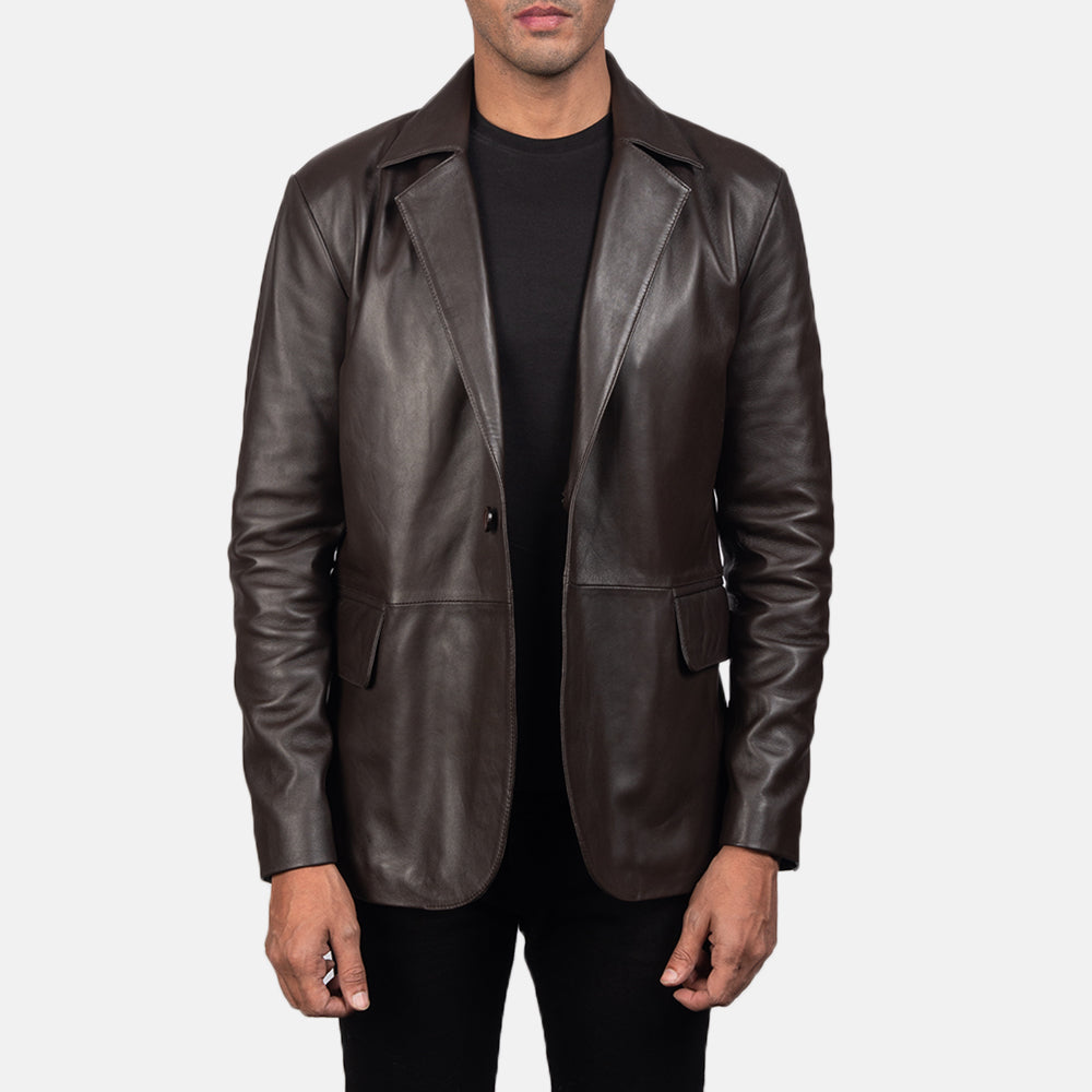 Close-Up Detail of Notch &amp; Button Hardware on Daron Brown Leather Blazer