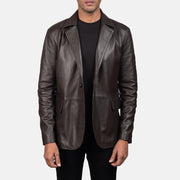 Close-Up Detail of Notch &amp; Button Hardware on Daron Brown Leather Blazer