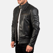 Black Cow Hide Leather Biker Jacket - Back View Showing Tailored Shoulder Fit &amp; Clean Hemline