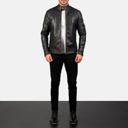 Men's Dean Black Leather Biker Jacket - Lateral Side Profile View Showing Sleeve Cut &amp; Athletic Taper Fit