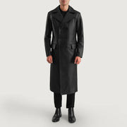 Delmar Black Leather Double Breasted Coat - Lateral Side Profile View Showing Sleeve Cut &amp; Athletic Taper Fit
