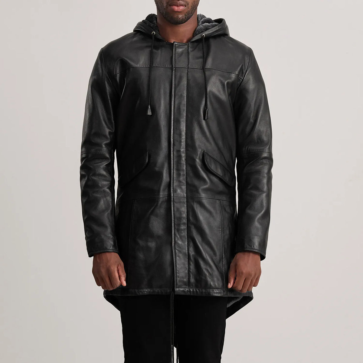 Close-Up Detail of Hooded &amp; Zipper with Placket Hardware on Delvin Tan Leather Parka