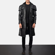 Men's Deux Black Leather Duster in Black Cowhide Leather - Front Profile View &amp; Tailored Silhouette | Buy Online