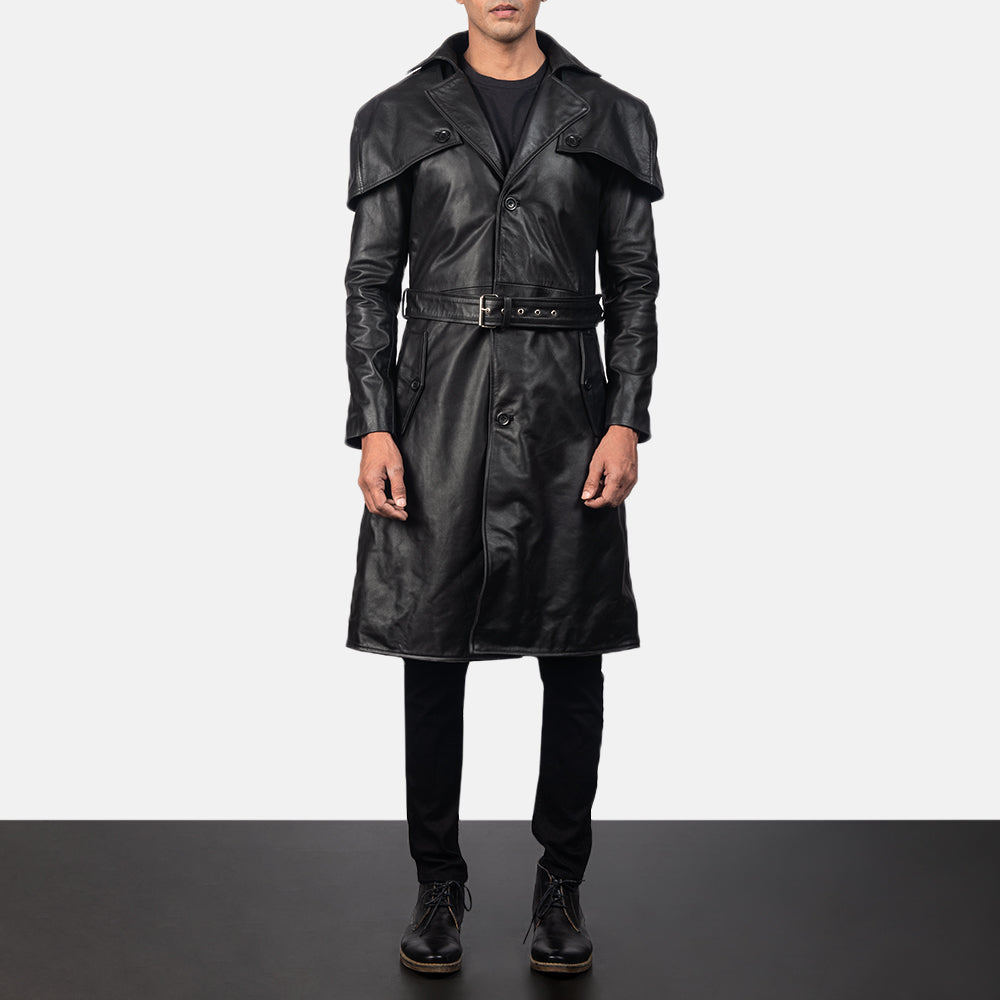 Black Cowhide Leather Trench Coat - Back View Showing Tailored Shoulder Fit &amp; Clean Hemline