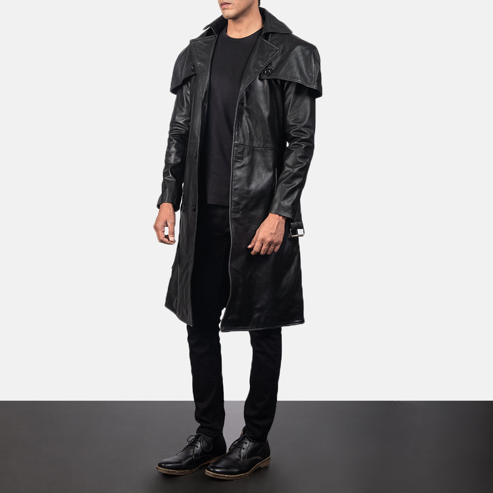 Men's Deux Black Leather Duster - Lateral Side Profile View Showing Sleeve Cut &amp; Athletic Taper Fit
