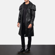Men's Deux Black Leather Duster - Lateral Side Profile View Showing Sleeve Cut &amp; Athletic Taper Fit