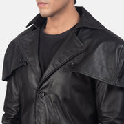Close-Up Detail of Classic Collar &amp; Buttons + Belt Hardware on Men's Deux Black Leather Duster