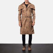 
Close-Up Detail of Classic Collar & Buttons + Belt Hardware on Men's Deux Brown Leather Duster