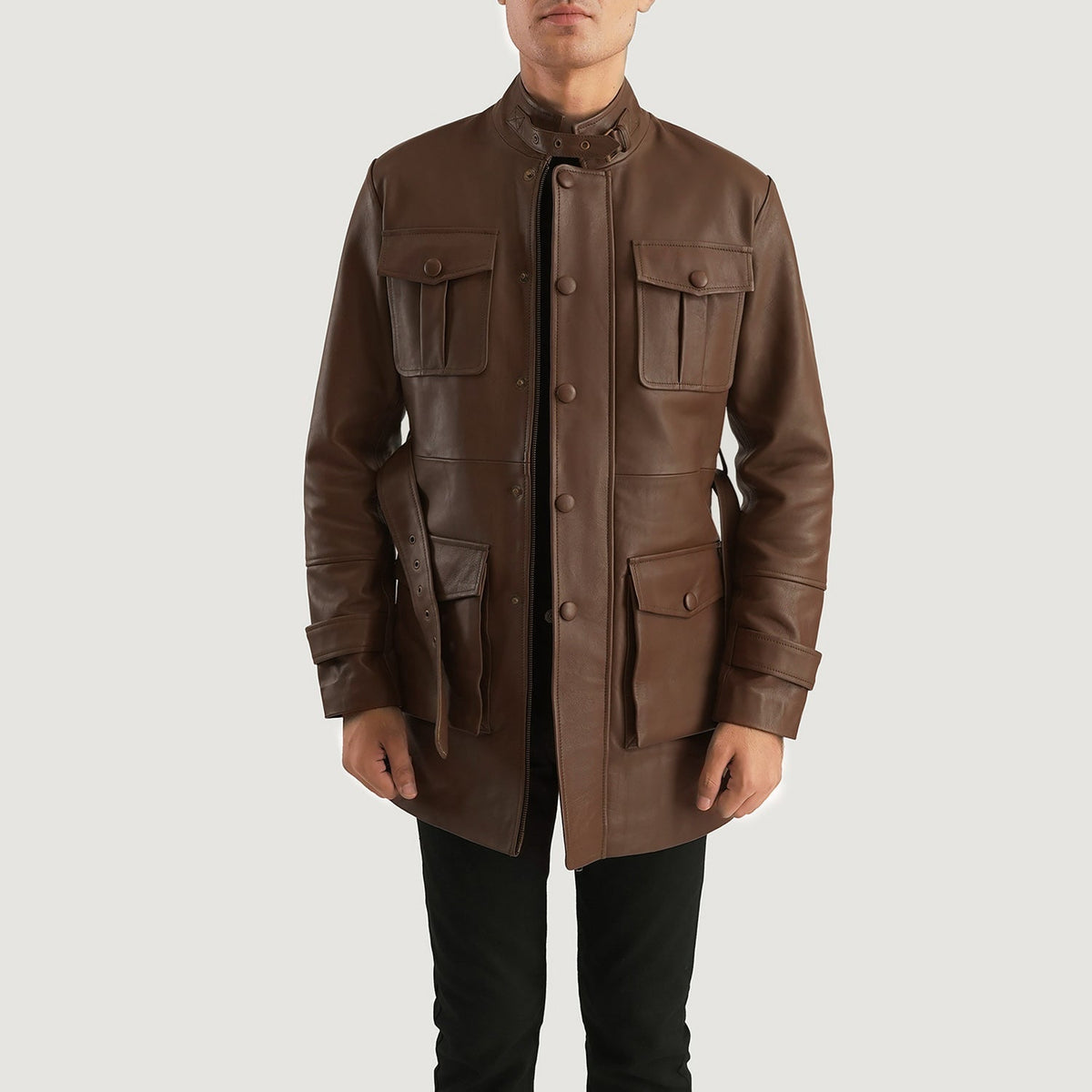 
Dolf Brown Leather Jacket - Lateral Side Profile View Showing Sleeve Cut & Athletic Taper Fit