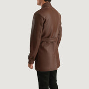 
Close-Up Detail of High neck with Belt & Snap button Hardware on Dolf Brown Leather Jacket