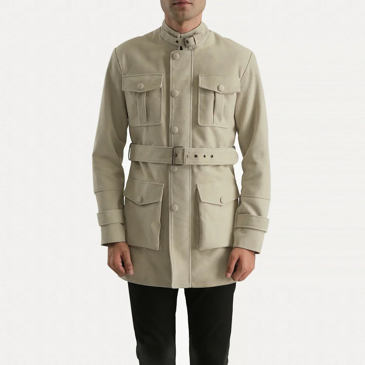Dolf Off-White Suede Jacket in Off-White Cowhide Suede - Front Profile View &amp; Tailored Silhouette | Buy Online