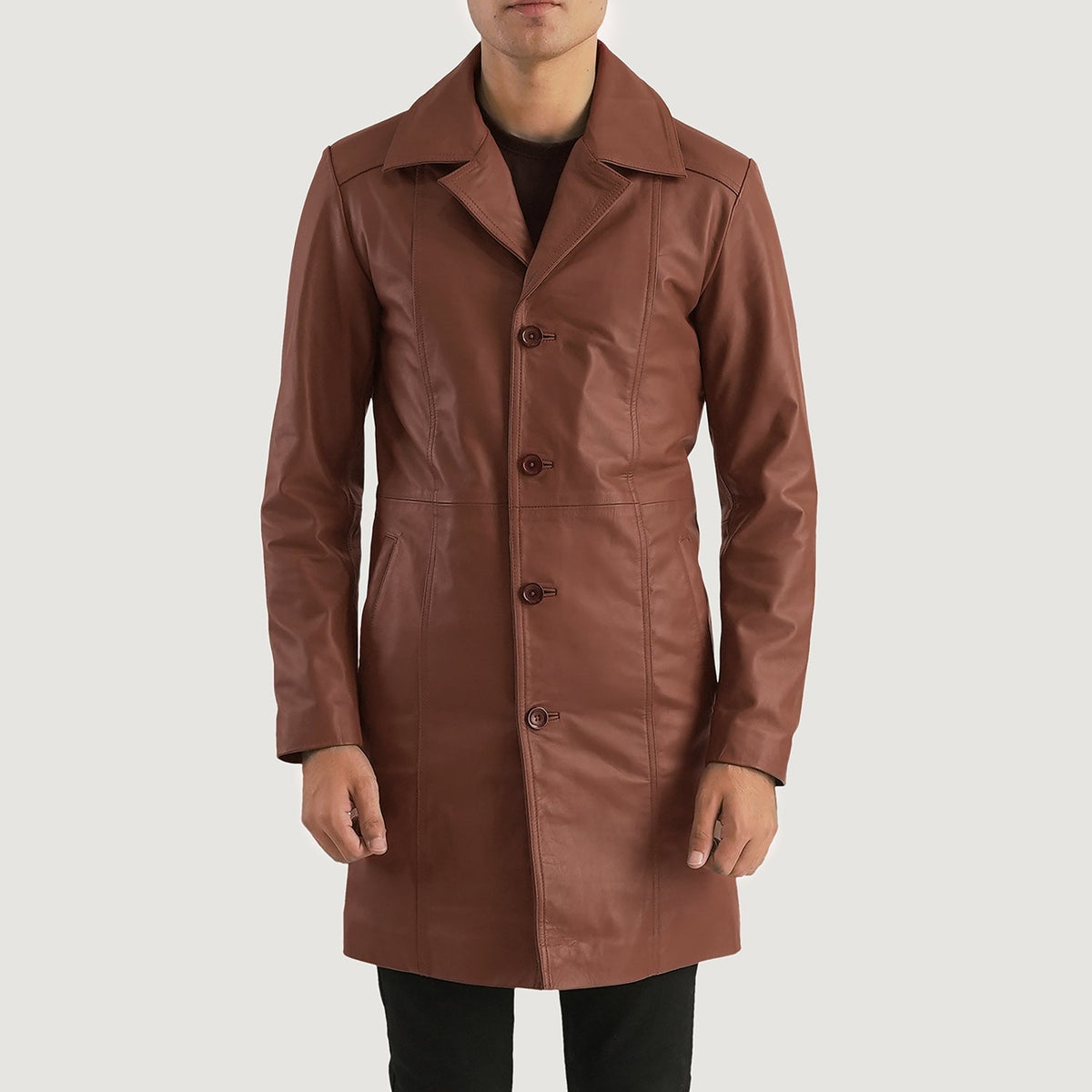 Close-Up Detail of Notch &amp; Button Hardware on Don Long Brown Leather Coat