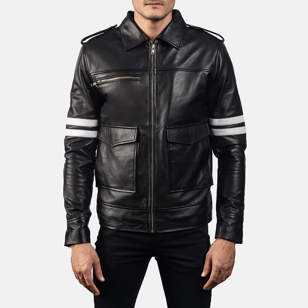 Dragonhide Black Leather Jacket in Black Sheepskin Leather - Front Profile View &amp; Tailored Silhouette | Buy Online