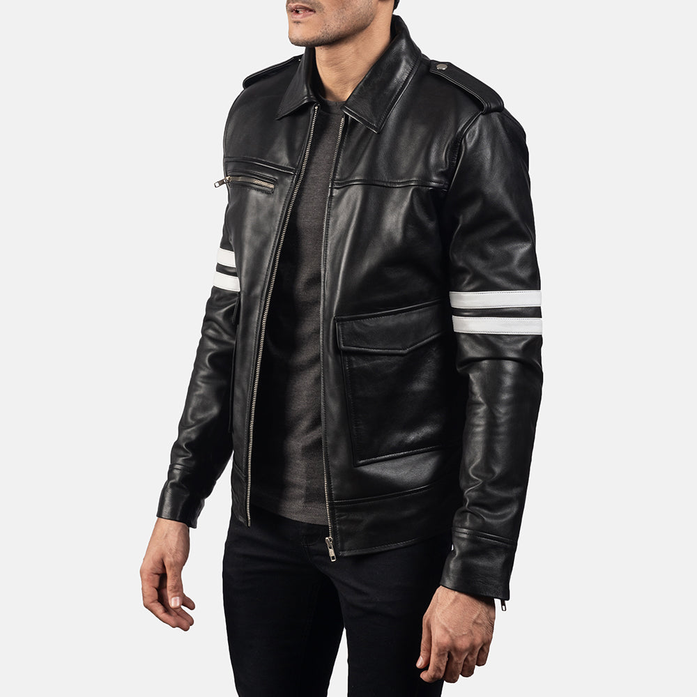 Black Sheepskin Leather Biker Jacket - Back View Showing Tailored Shoulder Fit &amp; Clean Hemline