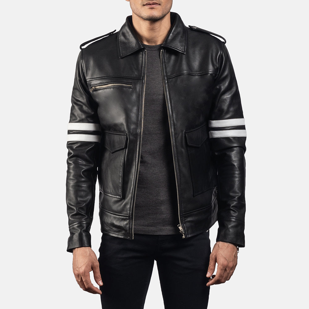 Dragonhide Black Leather Jacket - Lateral Side Profile View Showing Sleeve Cut &amp; Athletic Taper Fit