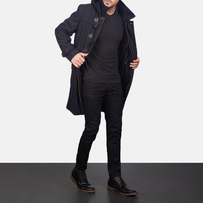Drake Black Wool Hooded Duffle Coat