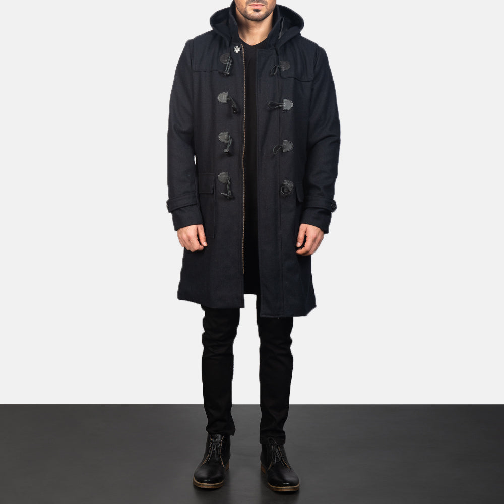 Men's Drake Black Wool Duffle Coat - Lateral Side Profile View Showing Sleeve Cut &amp; Athletic Taper Fit