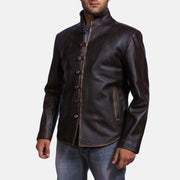 Distressed Brown Goatskin Leather Biker Jacket - Back View Showing Tailored Shoulder Fit &amp; Clean Hemline