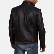 Close-Up Detail of Band &amp; Button Hardware on Men's Drakeshire Brown Leather Jacket