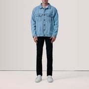 
Light Blue Full-Grain leather Jacket - Back View Showing Tailored Shoulder Fit & Clean Hemline