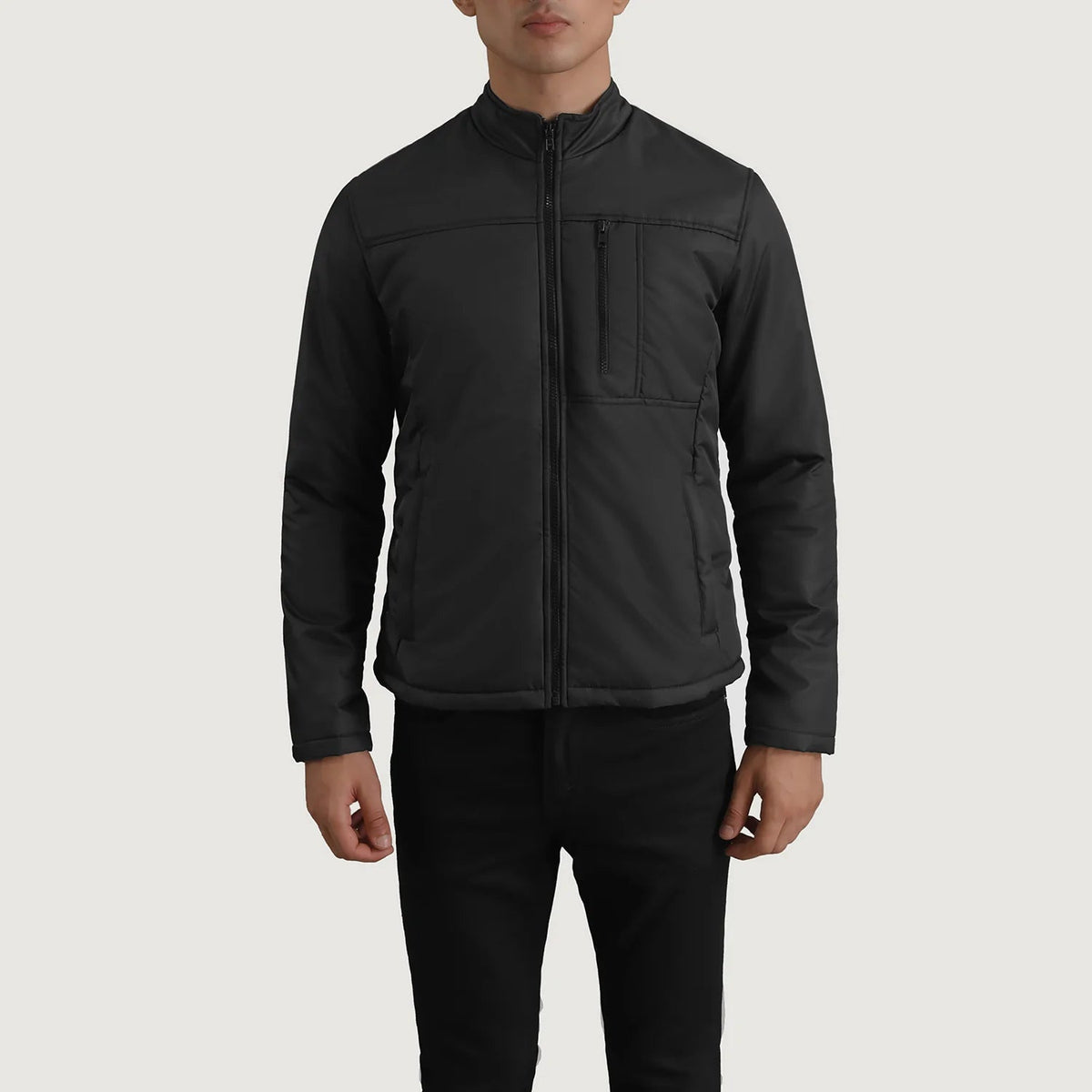 Close-Up Detail of Classic Collar &amp; Zipper Hardware on Elliot Black Lightweight Jacket