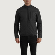 Close-Up Detail of Classic Collar &amp; Zipper Hardware on Elliot Black Lightweight Jacket
