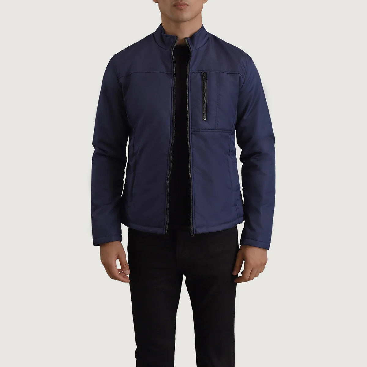 Elliot Blue Lightweight Jacket in Blue Full-Grain Leather - Front Profile View &amp; Tailored Silhouette | Buy Online
