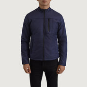 Close-Up Detail of Classic Collar &amp; Zipper Hardware on Elliot Blue Lightweight Jacket