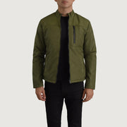 Elliot Green Lightweight Jacket in Green Full-Grain Leather - Front Profile View &amp; Tailored Silhouette | Buy Online