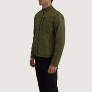 Green Full-Grain Leather Winter Jacket - Back View Showing Tailored Shoulder Fit &amp; Clean Hemline