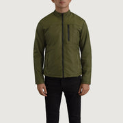 Close-Up Detail of Classic Collar &amp; Zipper Hardware on Elliot Green Lightweight Jacket