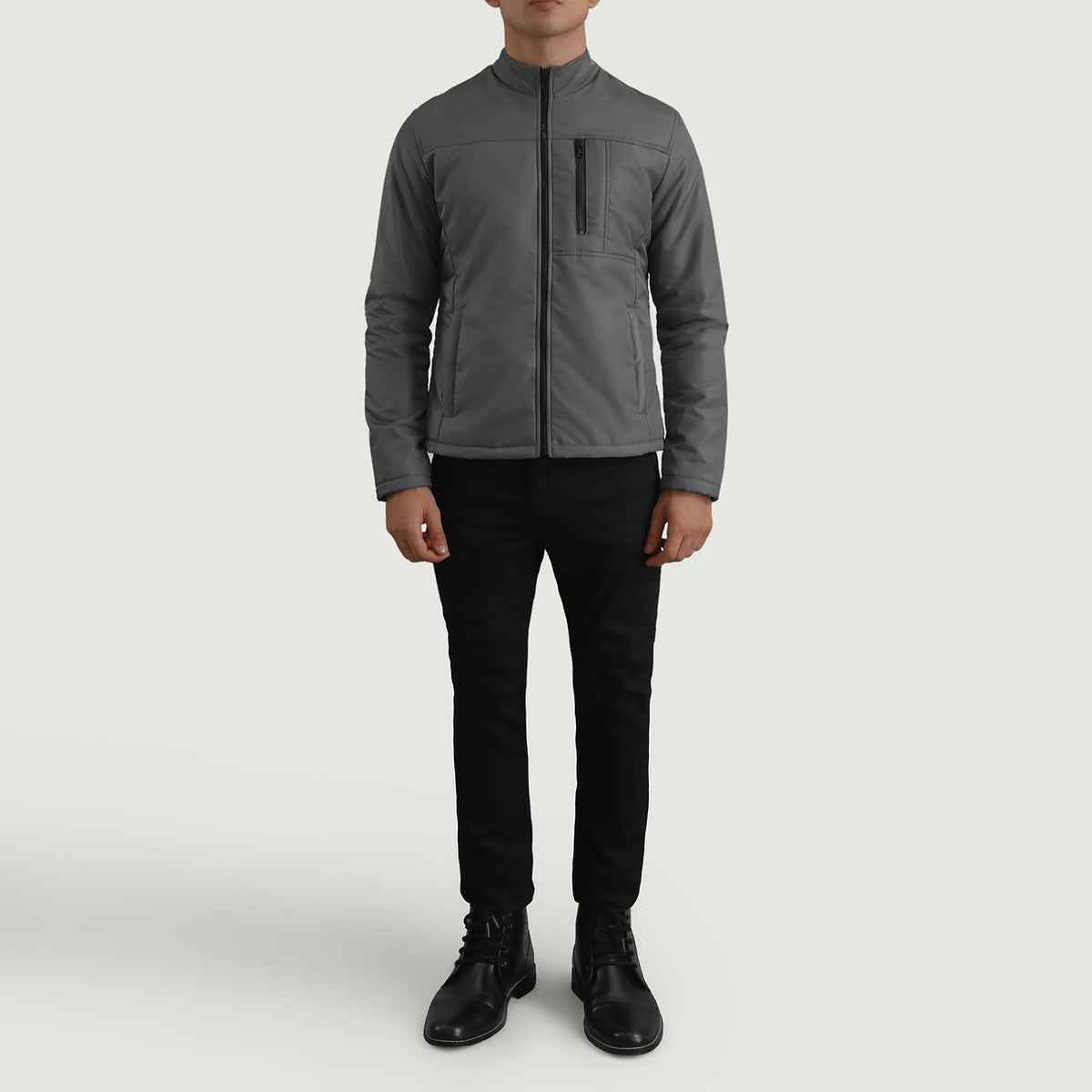 Elliot Grey Lightweight Jacket - Lateral Side Profile View Showing Sleeve Cut &amp; Athletic Taper Fit