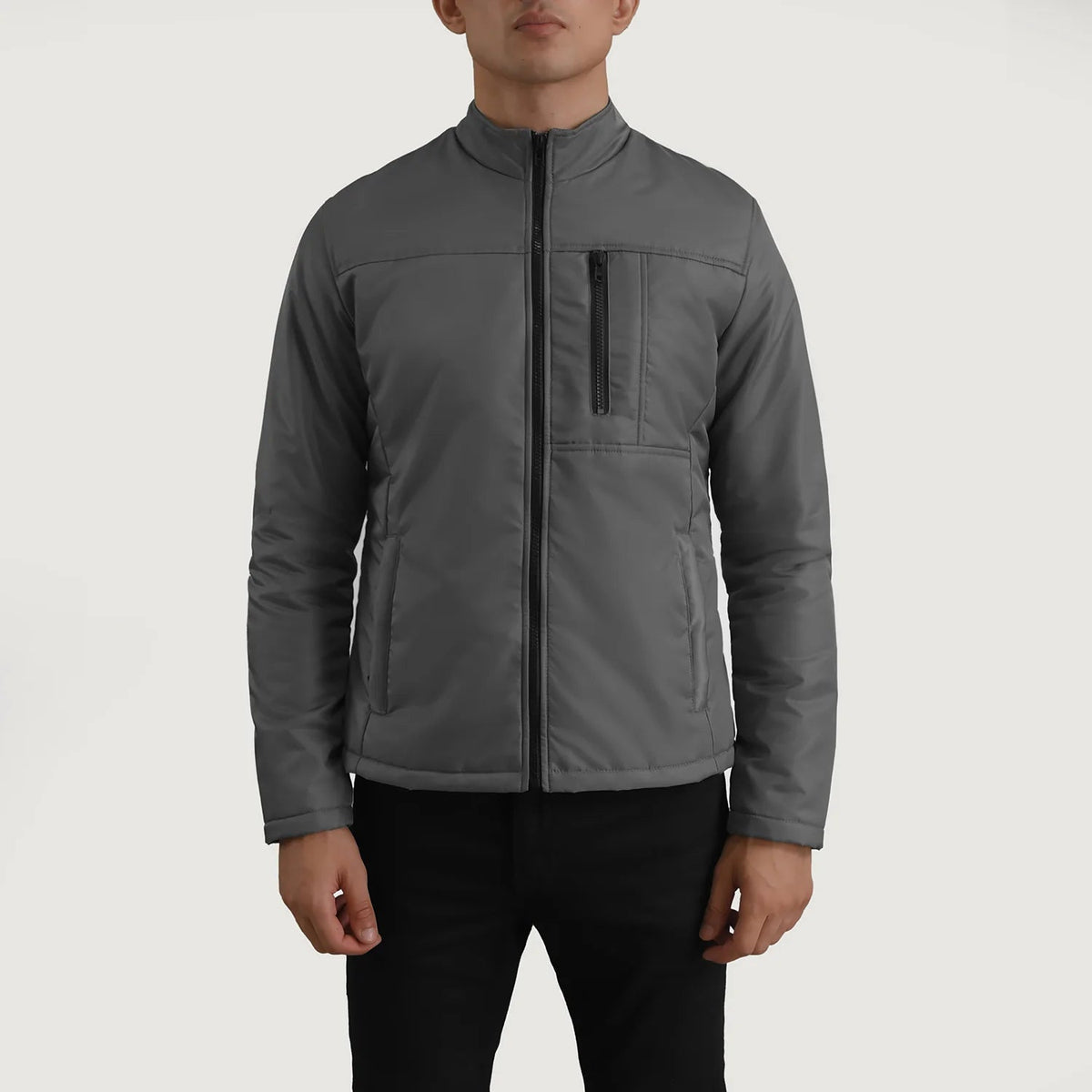 Close-Up Detail of Classic Collar &amp; Zipper Hardware on Elliot Grey Lightweight Jacket