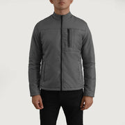 Close-Up Detail of Classic Collar &amp; Zipper Hardware on Elliot Grey Lightweight Jacket