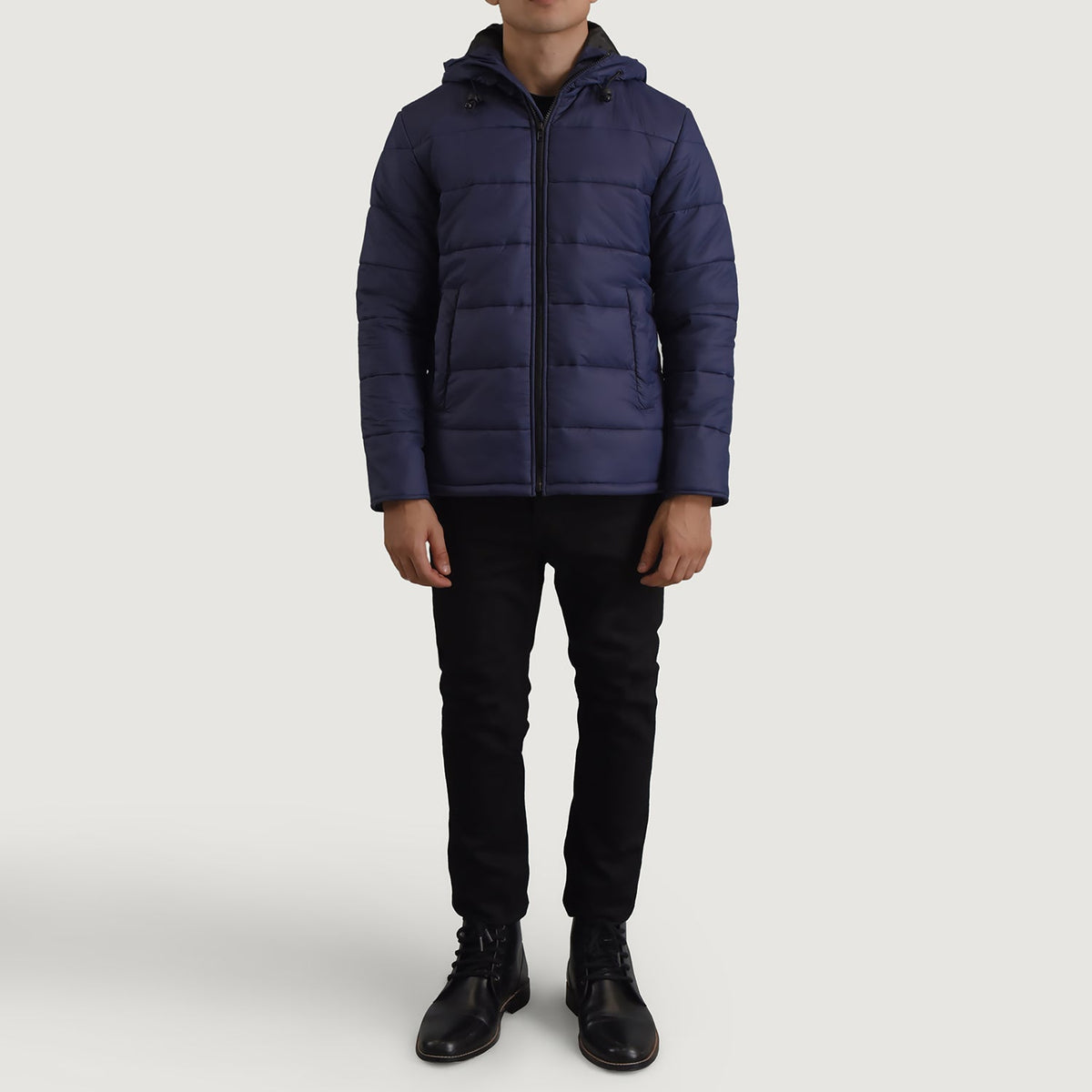 Erico Blue Hooded Puffer Jacket - Lateral Side Profile View Showing Sleeve Cut &amp; Athletic Taper Fit