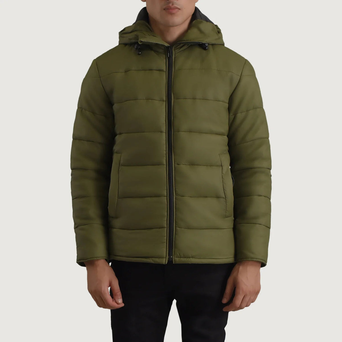
Erico Green Hooded Puffer Jacket in Green Full-Grain Leather - Front Profile View & Tailored Silhouette | Buy Online
