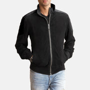 Men's Ethan Hybrid Suede Bomber Jacket in Black Goatskin Suede - Front Profile View &amp; Tailored Silhouette | Buy Online