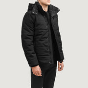 Black Full-Grain Leather Hooded Jacket - Back View Showing Tailored Shoulder Fit &amp; Clean Hemline